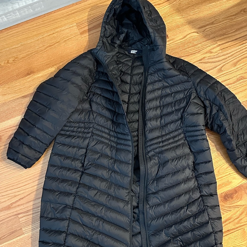 Lands' End Black Long Puffer Coat with Hood